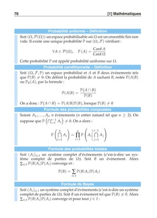 76 [1] Mathématiques 
Probabilité uniforme – Définition 
Soit (Ω, P(Ω)) un espace probabilisable où Ω est un ensemble fini non 
vide. Il existe une unique probabilité P sur (Ω, F) vérifiant : 
∀A ∈ P(Ω), P (A) = 
Card A 
Card Ω 
Cette probabilité P est appelé probabilité uniforme sur Ω. 
Probabilité conditionnelle – Définition 
Soit (Ω, F, P) un espace probabilisé et A et B deux événements tels 
que P(B)-= 0. On définit la probabilité de A sachant B, notée P(A|B) 
ou PB (A), par la formule : 
P(A|B) = 
P 
 
A ∩ B 
 
P(B) 
On a donc : P 
 
A ∩ B 
 
= P(A|B)P(B), lorsque P(B)-= 0 
Formule des probabilités composées 
Soient A1 , . . . , An n événements (n entier naturel tel que n ≥ 2). On 
suppose que P 
n−1 
i=1 Ai 
  
-= 0. On a alors : 
P 
 
n 
i=1 
Ai 
! 
= 
n 
Π 
i=1 
P 
 
Ai 
----- 
i−1 
j=1 
A j 
 
 
Formule des probabilités totales 
Soit (Ai )i∈I un système complet d’événements (c’est-à-dire un sys-tème 
complet de parties de Ω). Soit B un événement. Alors 
Σi∈I P(B|Ai )P(Ai ) converge et : 
P(B) = Σ 
i∈I 
P(B|Ai )P(Ai ) 
Formule de Bayes 
Soit (Ai )i∈I un système complet d’événements (c’est-à-dire un système 
complet de parties de Ω). Soit B un événement tel que P(B)-= 0. Alors 
Σi∈I P(B|Ai )P(Ai ) converge et pour tout j ∈ I : 
 