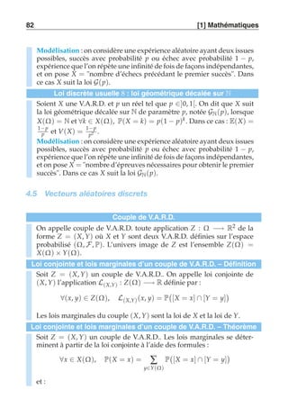 82 [1] Mathématiques 
Modélisation : on considère une expérience aléatoire ayant deux issues 
possibles, succès avec probabilité p ou échec avec probabilité 1 − p, 
expérience que l’on répète une infinité de fois de façons indépendantes, 
et on pose X = nombre d’échecs précédant le premier succès. Dans 
ce cas X suit la loi G(p). 
Loi discrète usuelle 8 : loi géométrique décalée sur N 
Soient X une V.A.R.D. et p un réel tel que p ∈]0, 1[. On dit que X suit 
la loi géométrique décalée sur N de paramètre p, notée GN(p), lorsque 
X(Ω) = N et ∀k ∈ X(Ω), P(X = k) = p(1 − p)k. Dans ce cas : E(X) = 
1−p 
p et V(X) = 1−p 
p2 . 
Modélisation : on considère une expérience aléatoire ayant deux issues 
possibles, succès avec probabilité p ou échec avec probabilité 1 − p, 
expérience que l’on répète une infinité de fois de façons indépendantes, 
et on pose X = nombre d’épreuves nécessaires pour obtenir le premier 
succès. Dans ce cas X suit la loi GN(p). 
4.5 Vecteurs aléatoires discrets 
Couple de V.A.R.D. 
On appelle couple de V.A.R.D. toute application Z : Ω −→ R2 de la 
forme Z = (X, Y) où X et Y sont deux V.A.R.D. définies sur l’espace 
probabilisé (Ω, F, P). L’univers image de Z est l’ensemble Z(Ω) = 
X(Ω) × Y(Ω). 
Loi conjointe et lois marginales d’un couple de V.A.R.D. – Définition 
Soit Z = (X, Y) un couple de V.A.R.D.. On appelle loi conjointe de 
(X, Y) l’application L(X,Y) : Z(Ω) −→ R définie par : 
∀(x, y) ∈ Z(Ω), L(X,Y) (x, y) = P 
 
[X = x] ∩ [Y = y] 
 
Les lois marginales du couple (X, Y) sont la loi de X et la loi de Y. 
Loi conjointe et lois marginales d’un couple de V.A.R.D. – Théorème 
Soit Z = (X, Y) un couple de V.A.R.D.. Les lois marginales se déter-minent 
à partir de la loi conjointe à l’aide des formules : 
∀x ∈ X(Ω), P(X = x) = Σ 
y∈Y(Ω) 
P 
 
[X = x] ∩ [Y = y] 
 
et : 
 