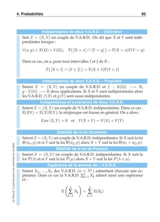 4. Probabilités 85 
Indépendance de deux V.A.R.D. – Définition 
Soit Z = (X, Y) un couple de V.A.R.D.. On dit que X et Y sont indé-pendantes 
lorsque : 
∀(x, y) ∈ X(Ω) ×Y(Ω), P 
 
[X = x] ∩ [Y = y] 
 
= P(X = x)P(Y = y) 
Dans ce cas, on a, pour tout intervalles I et J de R : 
P 
 
[X ∈ I] ∩ [Y ∈ J] 
 
= P(X ∈ I)P(Y ∈ J) 
Indépendance de deux V.A.R.D. – Propriété 
Soient Z = (X, Y) un couple de V.A.R.D. et f : X(Ω) −→ R, 
g : Y(Ω) −→ R deux applications. Si X et Y sont indépendantes alors 
les V.A.R.D. f (X) et g(Y) sont aussi indépendantes. 
Indépendance et covariance de deux V.A.R.D. 
Soient Z = (X, Y) un couple de V.A.R.D. indépendantes. Dans ce cas : 
E(XY) = E(X)E(Y); la réciproque est fausse en général. On a alors : 
Cov (X, Y) = 0 et V(X + Y) = V(X) + V(Y) 
Stabilité de la loi binomiale 
Soient Z = (X, Y) un couple de V.A.R.D. indépendantes. Si X suit la loi 
B(n1 , p) et si Y suit la loi B(n2 , p) alors X + Y suit la loi B(n1 + n2, p). 
Stabilité de la loi de Poisson 
Soient Z = (X, Y) un couple de V.A.R.D. indépendantes. Si X suit la 
loi P(λ) et si Y suit la loi P(μ ) alors X + Y suit la loi P(λ + μ ). 
Espérance de la somme de n V.A.R.D. 
Soient X1 , . . . , Xn des V.A.R.D. (n ∈ N∗) admettant chacune une es-pérance. 
Dans ce cas la V.A.R.D. Σnk 
=1 Xk admet aussi une espérance 
et : 
E 
 
n 
Σ 
k=1 
Xk 
! 
= 
n 
Σ 
k=1 
E(Xk ) 
c Dunod. La photocopie non autorisée est un délit. 
 