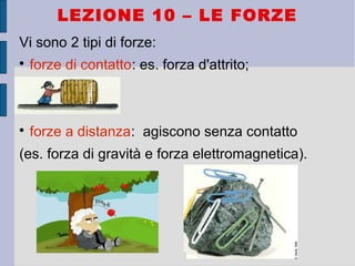 LEZIONE 10 – LE FORZE
Vi sono 2 tipi di forze:

forze di contatto: es. forza d'attrito;

forze a distanza: agiscono senza contatto
(es. forza di gravità e forza elettromagnetica).
 