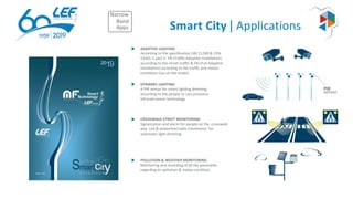 Smart City | Applications
ADAPTIVE LIGHTING
According to the speciﬁcation UNI 11248 & CEN
13201-3 part 3. TAI (Trafﬁc Adaptive Installation)
according to the street trafﬁc & FAI (Full Adaptive
Installation) according to the trafﬁc and meteo
conditions (lux on the street)
DYNAMIC LIGHTING
A PIR sensor for smart lighting dimming
according to the people or cars presence.
Infrared sensor technology
PIR
sensor
CROSSWALK STREET MONITORING
Signalization and alarm for people on the crosswalk
way. Led & powerline/radio trasmission for
automatic light dimming
POLLUTION & WEATHER MONITORING
Monitoring and recording of all the parameter
regarding air pollution & meteo condition
Narrow
Band
Apps
 