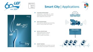 Smart City | Applications
FLOODING MONITORING
Underpasses monitoring to avoid
ﬂooding andsending immediately an
alarm toward the control room
NOISE MONITORING
Noise pollution Monitoring and sending
alarm in case of high level of noise
DIGITAL ADVERTISING
Digital Advertising to informe
people & citizens in case of
alarm or public information
SMART PARKING
Smart parking service to detect cars and
verify status of occupation and payment
WELCOME
ACCESS IS OPEN
WELCOME
TO THE
SMART CITY
Narrow
Band
Apps
 