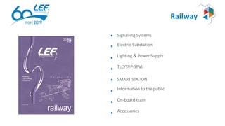 Railway
Signalling Systems
Electric Substation
Lighting & Power Supply
TLC/SVP-SPVI
SMART STATION
Information to the public
On-board train
Accessories
 