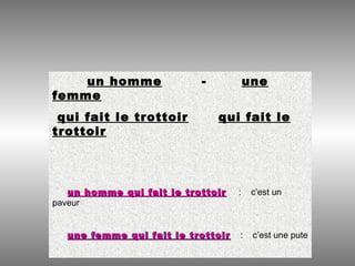 un homme - une
femme
qui fait le trottoir qui fait le
trottoir
un homme qui fait le trottoirun homme qui fait le trottoir : c’est un
paveur
une femme qui fait le trottoirune femme qui fait le trottoir : c’est une pute
 