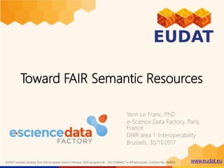 www.eudat.euEUDAT receives funding from the European Union's Horizon 2020 programme - DG CONNECT e-Infrastructures. Contract No. 654065
Toward FAIR Semantic Resources
Yann Le Franc, PhD
e-Science Data Factory, Paris,
France
DI4R area 1: Interoperability
Brussels, 30/11/2017
 