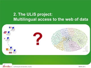2. The ULiS project:
Multilingual access to the web of data




                             ?
Lefrançois & Gandon, ULiS.       MSW 2011
 