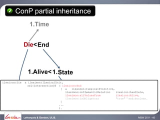 ConP partial inheritance
                   1.Time


               Die< End



                  1.Alive< 1. State
ilexicon:Die   a ileximon:ILexicalUnit,
                 owl:intersectionOf ( ilexicon:End
                                     [ a    ileximon:ILexicalPrimitive,
                                        ileximon:onISemanticRelation    ilexicon:hasState,
                                        ileximon:allValuesFrom          ilexicon:Alive,
                                        ileximon:isObligatory           "true"^^xsd:boolean.
1.Person 1.Person< 1.Entity          ]
                                    ...
                                    ).


               Lefrançois & Gandon, ULiS.                                             MSW 2011 - 40
 