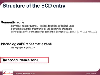 Structure of the ECD entry


Semantic zone:
     (formal?) (text or SemR?) lexical definition of lexical units
     Semantic actants: arguments of the semantic predicate
     denotational vs. connotational semantic elements (ex: EN hot air, FR wind, RU water).




Phonological/Graphematic zone:
     orthograph + prosody




The cooccurrence zone


        Lefrançois & Gandon, ULiS.                                             MSW 2011 - 8
 