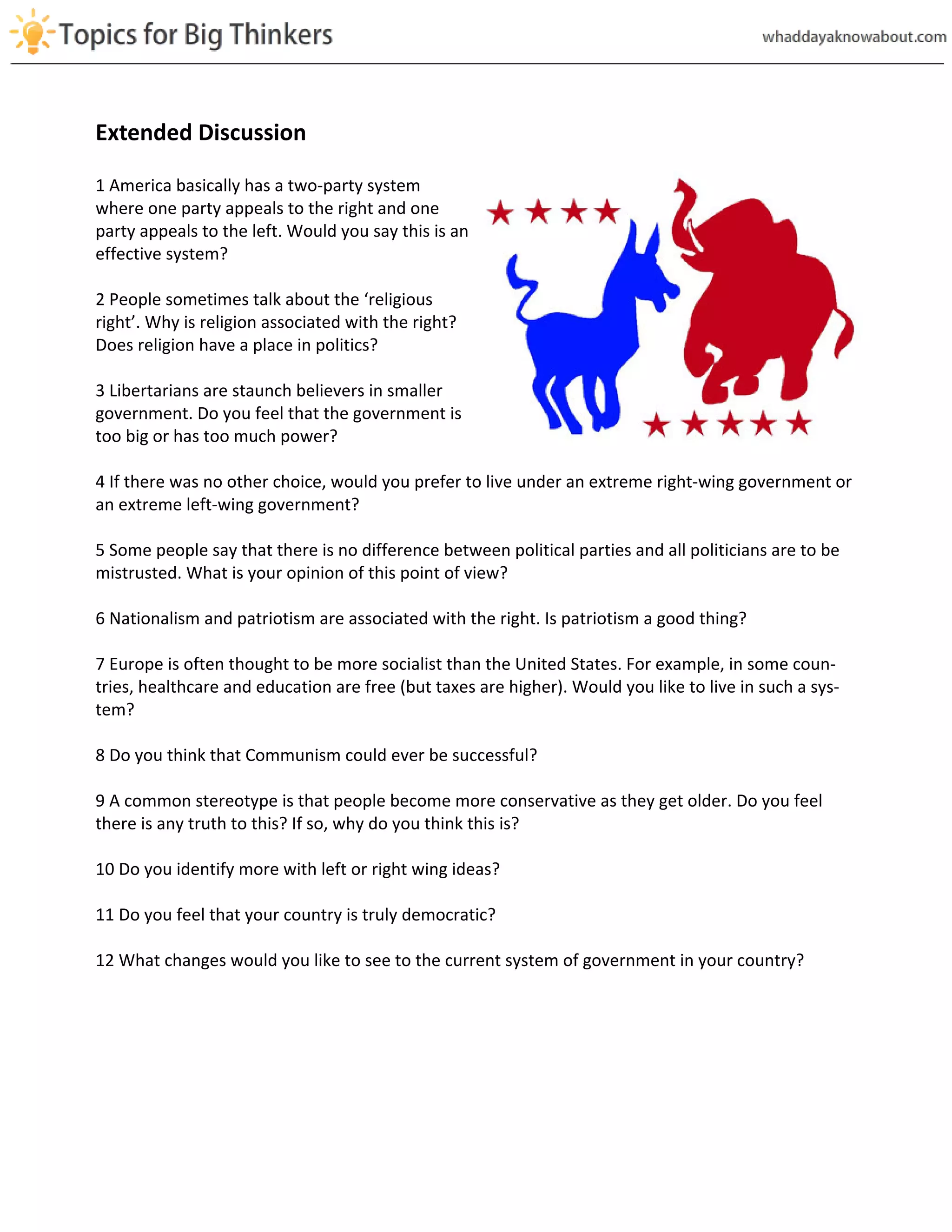 Extended Discussion
1 America basically has a two-party system
where one party appeals to the right and one
party appeals to the left. Would you say this is an
effective system?
2 People sometimes talk about the ‘religious
right’. Why is religion associated with the right?
Does religion have a place in politics?
3 Libertarians are staunch believers in smaller
government. Do you feel that the government is
too big or has too much power?
4 If there was no other choice, would you prefer to live under an extreme right-wing government or
an extreme left-wing government?
5 Some people say that there is no difference between political parties and all politicians are to be
mistrusted. What is your opinion of this point of view?
6 Nationalism and patriotism are associated with the right. Is patriotism a good thing?
7 Europe is often thought to be more socialist than the United States. For example, in some coun-
tries, healthcare and education are free (but taxes are higher). Would you like to live in such a sys-
tem?
8 Do you think that Communism could ever be successful?
9 A common stereotype is that people become more conservative as they get older. Do you feel
there is any truth to this? If so, why do you think this is?
10 Do you identify more with left or right wing ideas?
11 Do you feel that your country is truly democratic?
12 What changes would you like to see to the current system of government in your country?
 