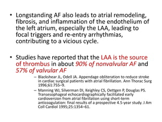 • Longstanding AF also leads to atrial remodeling,
fibrosis, and inflammation of the endothelium of
the left atrium, especially the LAA, leading to
focal triggers and re-entry arrhythmias,
contributing to a vicious cycle.
• Studies have reported that the LAA is the source
of thrombus in about 90% of nonvalvular AF and
57% of valvular AF
– Blackshear JL, Odell JA. Appendage obliteration to reduce stroke
in cardiac surgical patients with atrial fibrillation. Ann Thorac Surg
1996;61:755–9.
– Manning WJ, Silverman DI, Keighley CS, Oettgen P, Douglas PS.
Transesophageal echocardiographically facilitated early
cardioversion from atrial fibrillation using short-term
anticoagulation: final results of a prospective 4.5-year study. J Am
Coll Cardiol 1995;25:1354–61.
 