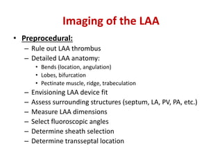 Imaging of the LAA
• Preprocedural:
– Rule out LAA thrombus
– Detailed LAA anatomy:
• Bends (location, angulation)
• Lobes, bifurcation
• Pectinate muscle, ridge, trabeculation
– Envisioning LAA device fit
– Assess surrounding structures (septum, LA, PV, PA, etc.)
– Measure LAA dimensions
– Select fluoroscopic angles
– Determine sheath selection
– Determine transseptal location
 