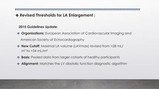 2015 Guidelines Update:
❖ Organizations: European Association of Cardiovascular Imaging and
American Society of Echocardiography
❖ New Cutoff: Maximal LA volume (LAVmax) revised from >28 mL/
m² to >34 mL/m²
❖ Basis: Pooled data from larger cohorts of healthy participants
❖ Alignment: Matches the LV diastolic function diagnostic algorithm
❖ Revised Thresholds for LA Enlargement :
 