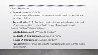 Clinical Relevance:
• Threshold: LAVmax >32 mL/
m² associated with adverse outcomes such as ischemic stroke, diabetes,
and heart failure
• Reclassification: 21% of patients previously reported as having enlarged
LA were reclassified as normal with no loss of prognostic power
Current Partition Values and Issues:
• Mild LA Enlargement: LAVmax 35-41 mL/m²
• Moderate LA Enlargement: LAVmax 42-48 mL/m²
• Severe LA Enlargement: LAVmax >48 mL/m²
• Concern: Narrow range can lead to misclassification due to small measu
rement errors
 