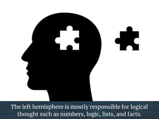 The left hemisphere is mostly responsible for logical
thought such as numbers, logic, lists, and facts.
 