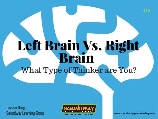Left Brain Vs. Right
Brain
01
www.soundwayspeedreading.com
What Type of Thinker are You?
Jessica Dang
Soundway Learning Group
 