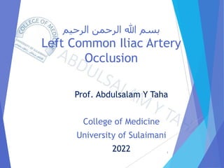 ‫الرحيم‬ ‫الرحمن‬ ‫هللا‬ ‫بسم‬
Left Common Iliac Artery
Occlusion
Prof. Abdulsalam Y Taha
College of Medicine
University of Sulaimani
2022 1
 