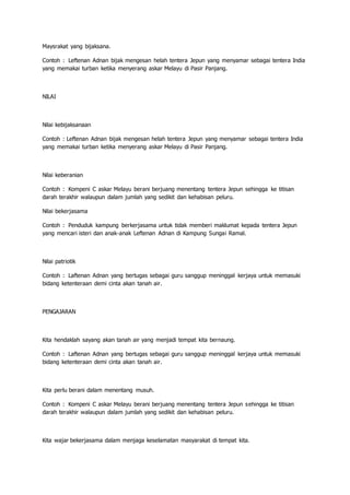 Maysrakat yang bijaksana.
Contoh : Leftenan Adnan bijak mengesan helah tentera Jepun yang menyamar sebagai tentera India
yang memakai turban ketika menyerang askar Melayu di Pasir Panjang.
NILAI
Nilai kebijaksanaan
Contoh : Leftenan Adnan bijak mengesan helah tentera Jepun yang menyamar sebagai tentera India
yang memakai turban ketika menyerang askar Melayu di Pasir Panjang.
Nilai keberanian
Contoh : Kompeni C askar Melayu berani berjuang menentang tentera Jepun sehingga ke titisan
darah terakhir walaupun dalam jumlah yang sedikit dan kehabisan peluru.
Nilai bekerjasama
Contoh : Penduduk kampung berkerjasama untuk tidak memberi maklumat kepada tentera Jepun
yang mencari isteri dan anak-anak Leftenan Adnan di Kampung Sungai Ramal.
Nilai patriotik
Contoh : Laftenan Adnan yang bertugas sebagai guru sanggup meninggal kerjaya untuk memasuki
bidang ketenteraan demi cinta akan tanah air.
PENGAJARAN
Kita hendaklah sayang akan tanah air yang menjadi tempat kita bernaung.
Contoh : Laftenan Adnan yang bertugas sebagai guru sanggup meninggal kerjaya untuk memasuki
bidang ketenteraan demi cinta akan tanah air.
Kita perlu berani dalam menentang musuh.
Contoh : Kompeni C askar Melayu berani berjuang menentang tentera Jepun sehingga ke titisan
darah terakhir walaupun dalam jumlah yang sedikit dan kehabisan peluru.
Kita wajar bekerjasama dalam menjaga keselamatan masyarakat di tempat kita.
 