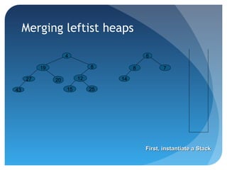 4
25
12
15
819
2027
43
6
78
14
First, instantiate a StackFirst, instantiate a Stack
Merging leftist heaps
 