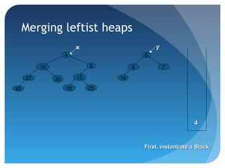 4
25
12
15
819
2027
43
6
78
14
First, instantiate a StackFirst, instantiate a Stack
44
Merging leftist heaps
x yy
 