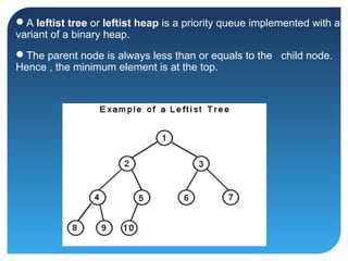 A leftist tree or leftist heap is a priority queue implemented with a
variant of a binary heap.
The parent node is always less than or equals to the child node.
Hence , the minimum element is at the top.
 