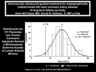 Intravascular ultrasound-guided treatment for angiographically
            indeterminate left main coronary artery disease
                      A long-term follow-up study
          Amir-Ali Fassa, MD, David R. Holmes, Jr, MD y Cols




 Distribución de
  121 Pacientes
   con Tronco
    Coronario
Izquierdo Normal
 o Mínimamente
 Enfermo Acorde
al Lumen Arterial
     Mínimo



                                           µ = mediana;          = desviación standard
                    Fassa, A.-A. et al. J Am Coll Cardiol 2005;45:204-211
 