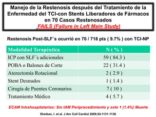Manejo de la Restenosis después del Tratamiento de la
Enfermedad del TCI-con Stents Liberadores de Fármacos
              en 70 Casos Restenosados
           FAILS (Failure in Left Main Study)

Restenosis Post-SLF´s ocurrió en 70 / 718 pts ( 9.7% ) con TCI-NP

Modalidad Terapéutica                                         N(%)
ICP con SLF´s adicionales                                    59 ( 84.3 )
POBA o Balones de Corte                                      22 ( 31.4 )
Aterectomía Rotacional                                        2 ( 2.9 )
Stent Desnudos                                                1 ( 1.4 )
Cirugía de Puentes Coronarios                                 7 ( 10 )
Tratamiento Médico                                            4 ( 5.7 )

ECAM Intrahospitalarios: Sin IAM Periprocedimiento y solo 1 (1.4%) Muerte
                Sheiban, I. et al. J Am Coll Cardiol 2009;54:1131-1136
 