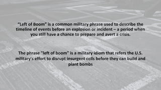 “Left of Boom” is a common military phrase used to describe the
timeline of events before an explosion or incident – a period when
you still have a chance to prepare and avert a crisis.
The phrase "left of boom" is a military idiom that refers the U.S.
military's effort to disrupt insurgent cells before they can build and
plant bombs
 