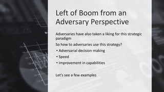 Left of Boom from an
Adversary Perspective
Adversaries have also taken a liking for this strategic
paradigm
So how to adversaries use this strategy?
• Adversarial decision making
• Speed
• Improvement in capabilities
Let's see a few examples
 