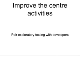 Improve the centre
activities
Pair exploratory testing with developers
 
