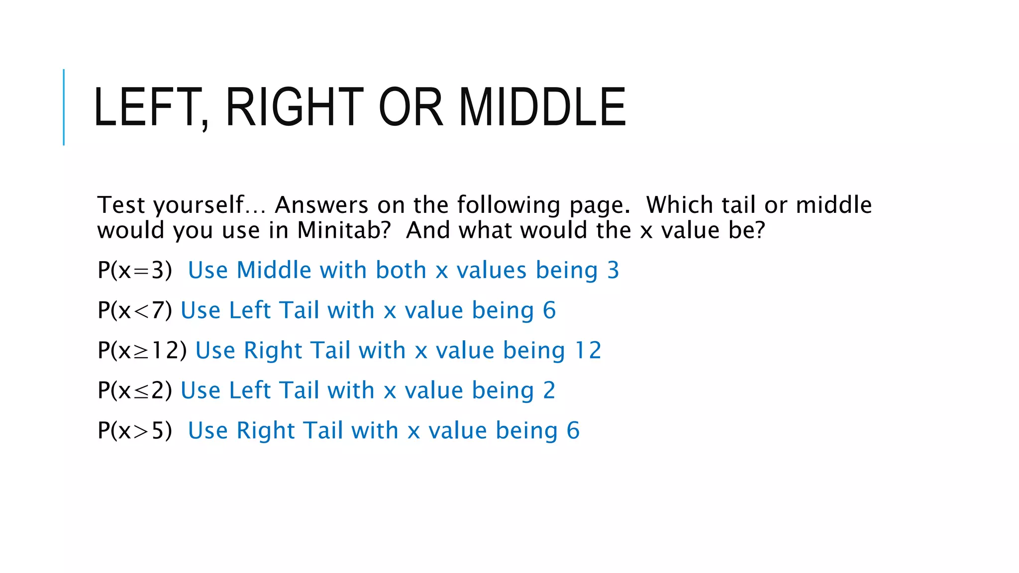 LEFT, RIGHT OR MIDDLE
Test yourself… Answers on the following page. Which tail or middle
would you use in Minitab? And what would the x value be?
P(x=3) Use Middle with both x values being 3
P(x<7) Use Left Tail with x value being 6
P(x≥12) Use Right Tail with x value being 12
P(x≤2) Use Left Tail with x value being 2
P(x>5) Use Right Tail with x value being 6
 
