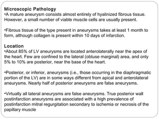 Microscopic Pathology
•A mature aneurysm consists almost entirely of hyalinized fibrous tissue.
However, a small number of viable muscle cells are usually present.
•Fibrous tissue of the type present in aneurysms takes at least 1 month to
form, although collagen is present within 10 days of infarction.
Location
•About 85% of LV aneurysms are located anterolaterally near the apex of
the heart. Few are confined to the lateral (obtuse marginal) area, and only
5% to 10% are posterior, near the base of the heart.
•Posterior, or inferior, aneurysms (i.e., those occurring in the diaphragmatic
portion of the LV) are in some ways different from apical and anterolateral
aneurysms. Nearly half of posterior aneurysms are false aneurysms.
•Virtually all lateral aneurysms are false aneurysms. True posterior wall
postinfarction aneurysms are associated with a high prevalence of
postinfarction mitral regurgitation secondary to ischemia or necrosis of the
papillary muscle.
 