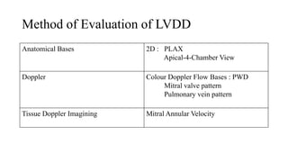 Anatomical Bases 2D : PLAX
Apical-4-Chamber View
Doppler Colour Doppler Flow Bases : PWD
Mitral valve pattern
Pulmonary vein pattern
Tissue Doppler Imagining Mitral Annular Velocity
Method of Evaluation of LVDD
 