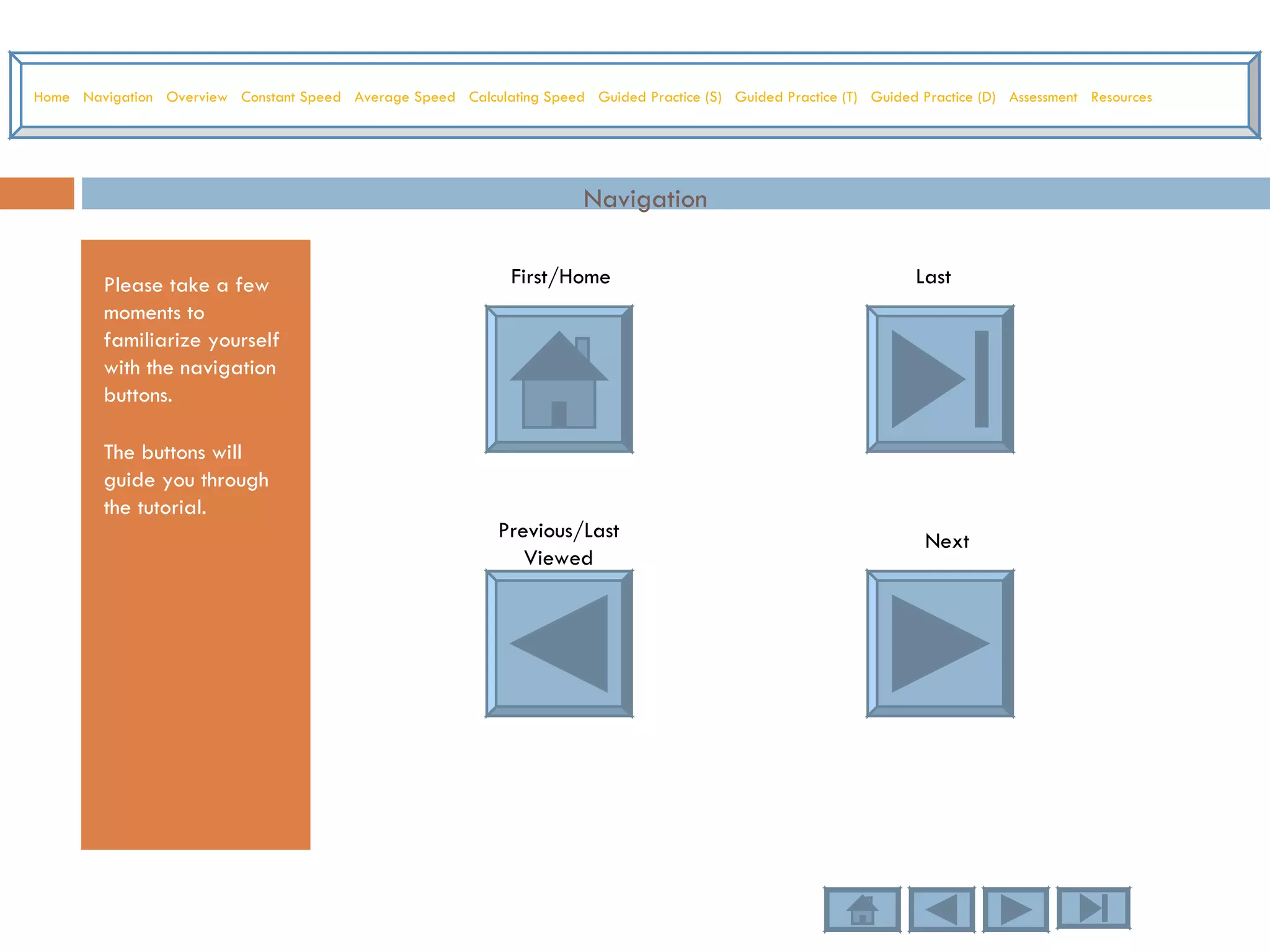 Navigation Please take a few moments to familiarize yourself with the navigation buttons.  The buttons will guide you through the tutorial. First/Home Last  Previous/Last Viewed Next Home   Navigation   Overview   Constant Speed   Average Speed   Calculating Speed   Guided Practice (S)   Guided Practice (T)   Guided Practice (D)   Assessment   Resources 