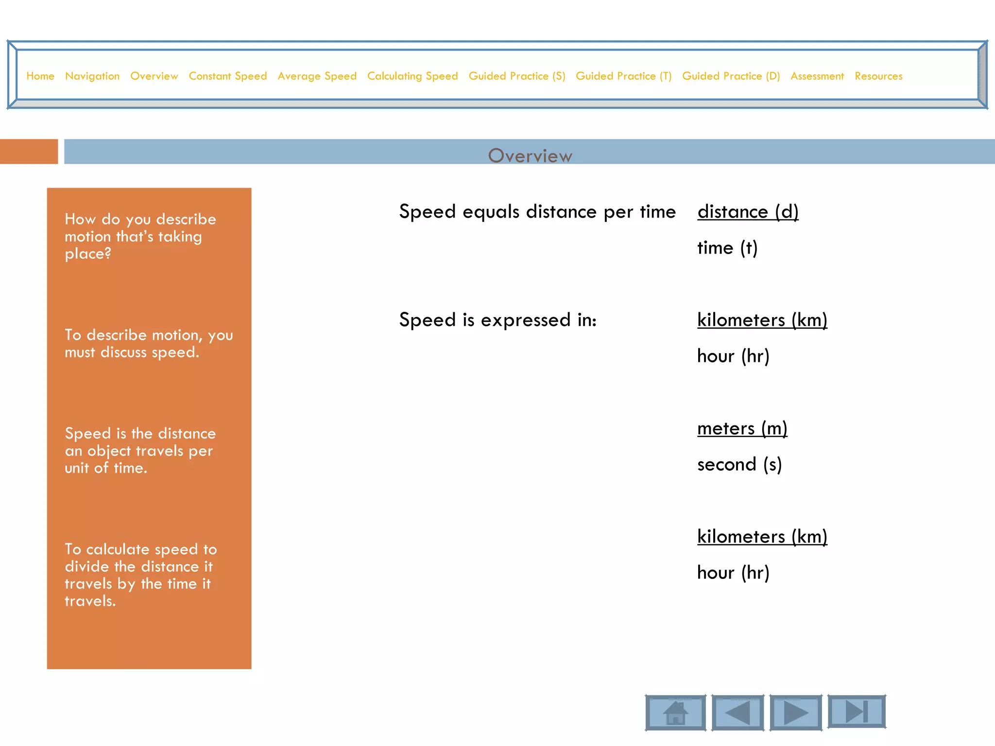 Overview How do you describe motion that’s taking place? To describe motion, you must discuss speed. Speed is the distance an object travels per unit of time. To calculate speed to divide the distance it travels by the time it travels. Speed equals distance per time  distance (d) time (t) Speed is expressed in: kilometers (km) hour (hr) meters (m) second (s) kilometers (km) hour (hr) Home   Navigation   Overview   Constant Speed   Average Speed   Calculating Speed   Guided Practice (S)   Guided Practice (T)   Guided Practice (D)   Assessment   Resources 