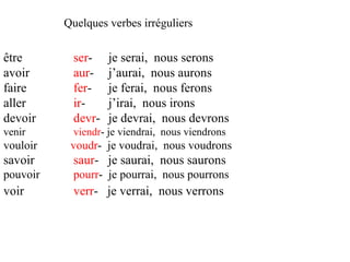Quelques verbes irréguliers  être ser - je serai,  nous serons avoir aur - j’aurai,  nous aurons faire fer - je ferai,  nous ferons aller ir - j’irai,  nous irons devoir devr - je devrai,  nous devrons venir viendr - je viendrai,  nous viendrons vouloir   voudr -  je voudrai,  nous voudrons savoir saur -  je saurai,  nous saurons pouvoir pourr -  je pourrai,  nous pourrons voir verr -  je verrai,  nous verrons   
