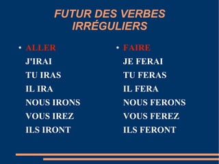 FUTUR DES VERBES
                IRRÉGULIERS
●   ALLER            ●   FAIRE
    J'IRAI               JE FERAI
    TU IRAS              TU FERAS
    IL IRA               IL FERA
    NOUS IRONS           NOUS FERONS
    VOUS IREZ            VOUS FEREZ
    ILS IRONT            ILS FERONT
 