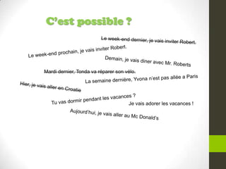 C’est possible ?
Mardi dernier, Tonda va réparer son vélo.
Je vais adorer les vacances !
 