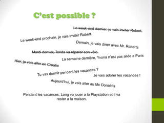 C’est possible ?
Mardi dernier, Tonda va réparer son vélo.
Pendant les vacances, Long va jouer a la Playstation et il va
rester a la maison.
Je vais adorer les vacances !
 