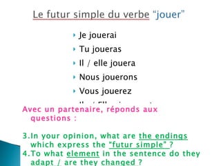 Je jouerai Tu joueras Il / elle jouera Nous jouerons Vous jouerez Ils / Elles joueront  Avec un partenaire, réponds aux questions :  In your opinion, what are  the endings  which express the  “futur simple”  ?  To what  element  in the sentence do they  adapt /  are they  changed  ?  