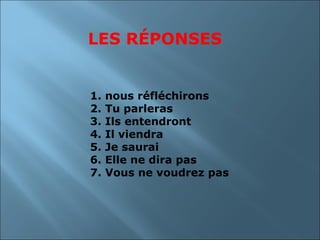 LES RÉPONSES


1.   nous réfléchirons
2.   Tu parleras
3.   Ils entendront
4.   Il viendra
5.   Je saurai
6.   Elle ne dira pas
7.   Vous ne voudrez pas
 