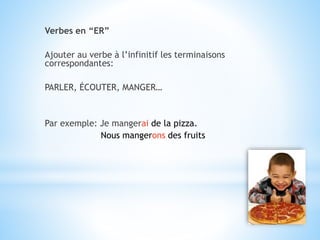 Verbes en “ER”
Ajouter au verbe à l’infinitif les terminaisons
correspondantes:
PARLER, ÉCOUTER, MANGER…
Par exemple: Je mangerai de la pizza.
Nous mangerons des fruits
 