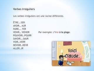Verbes Irréguliers
Les verbes irréguliers ont une racine différente.
ÊTRE….SER
AVOIR… AUR
FAIRE…. FER
VENIR… VIENDR Par exemple: J’irai à la plage.
POUVOIR…POURR
SAVOIR….SAUR
VOIR…VERR
DEVOIR…DEVR
ALLER…IR
 