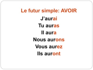 Le futur simple: AVOIR
J’aurai
Tu auras
Il aura
Nous aurons
Vous aurez
Ils auront
 
