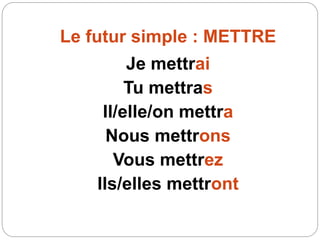 Le futur simple : METTRE
Je mettrai
Tu mettras
Il/elle/on mettra
Nous mettrons
Vous mettrez
Ils/elles mettront
 