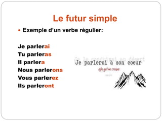 Le futur simple
 Exemple d’un verbe régulier:
Je parlerai
Tu parleras
Il parlera
Nous parlerons
Vous parlerez
Ils parleront
 