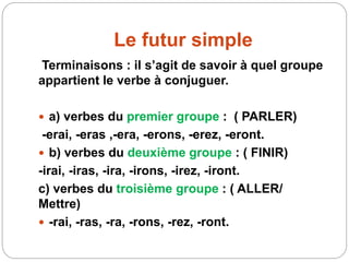 Le futur simple
Terminaisons : il s’agit de savoir à quel groupe
appartient le verbe à conjuguer.
 a) verbes du premier groupe : ( PARLER)
-erai, -eras ,-era, -erons, -erez, -eront.
 b) verbes du deuxième groupe : ( FINIR)
-irai, -iras, -ira, -irons, -irez, -iront.
c) verbes du troisième groupe : ( ALLER/
Mettre)
 -rai, -ras, -ra, -rons, -rez, -ront.
 