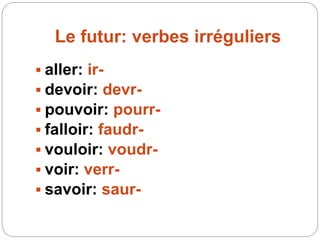 Le futur: verbes irréguliers
 aller: ir-
 devoir: devr-
 pouvoir: pourr-
 falloir: faudr-
 vouloir: voudr-
 voir: verr-
 savoir: saur-
 