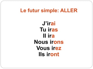 Le futur simple: ALLER
J’irai
Tu iras
Il ira
Nous irons
Vous irez
Ils iront
 