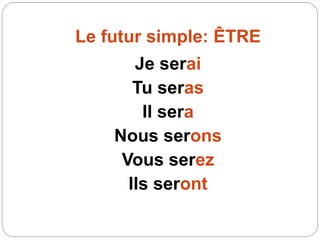 Le futur simple: ÊTRE
Je serai
Tu seras
Il sera
Nous serons
Vous serez
Ils seront
 