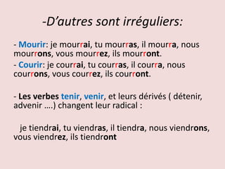 -D’autres sont irréguliers:
- Mourir: je mourrai, tu mourras, il mourra, nous
mourrons, vous mourrez, ils mourront.
- Courir: je courrai, tu courras, il courra, nous
courrons, vous courrez, ils courront.
- Les verbes tenir, venir, et leurs dérivés ( détenir,
advenir ….) changent leur radical :
je tiendrai, tu viendras, il tiendra, nous viendrons,
vous viendrez, ils tiendront
 